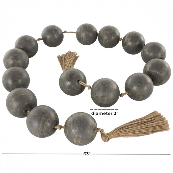 DecMode Handmade Round Large Bead Black Mango Wood Garland Jute Tassel 63” - Picture 3 of 6